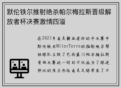 默伦铁尔推射绝杀帕尔梅拉斯晋级解放者杯决赛激情四溢