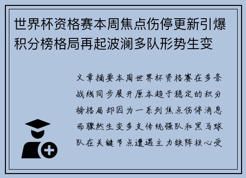 世界杯资格赛本周焦点伤停更新引爆积分榜格局再起波澜多队形势生变